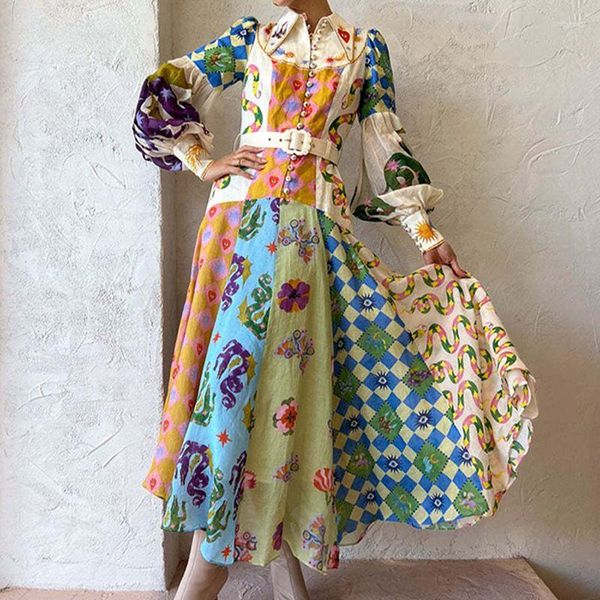 Casual Kleider Polo Neck Gedruckt Vintage Lange Kleid Prinzessin Ärmel Spitze-up Big Saum Lose Vestidos Mode Frauen Elegante robe