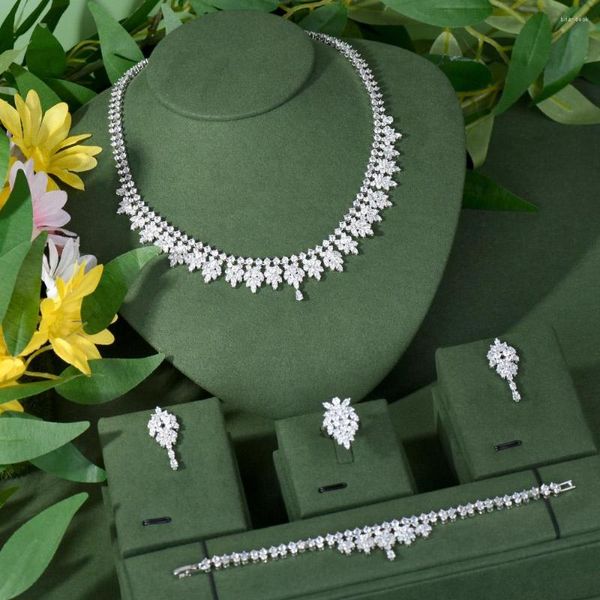 Halskette Ohrringe Set NAIKELISI Baumeln Dubai Zirkon Armband Und Ringe Brautschmuck Frauen Hochzeit Kleid Zubehör N-17