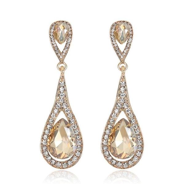 Orecchini pendenti in cristallo champagne a goccia di design di lusso per le donne Colore oro ciondola fascino orecchini lunghi gioielli da sposa276c