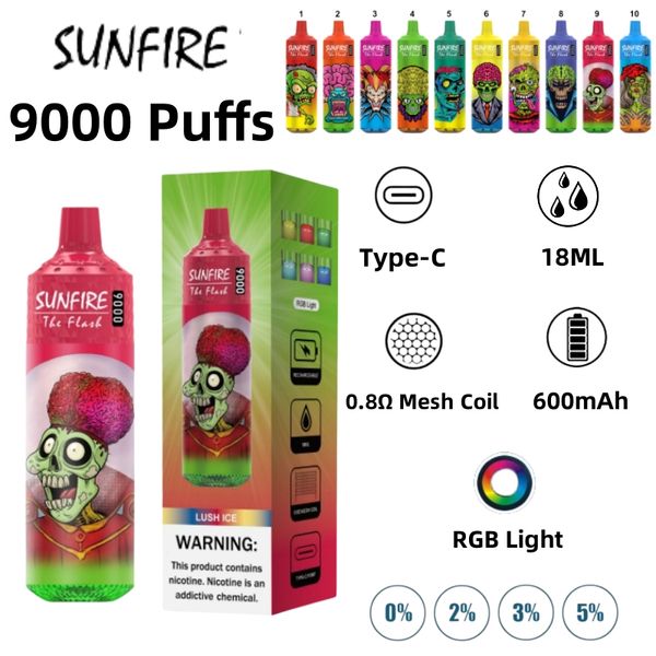 Tornado Sunfire original 9000 Puff Disponível de puff e 0,8ohm Mesh bobina 18 ml Poço de bateria Dispositivo recarregável 0% 2% 3% 5% VAPE PEN 10 FAVORES RBG LIGH