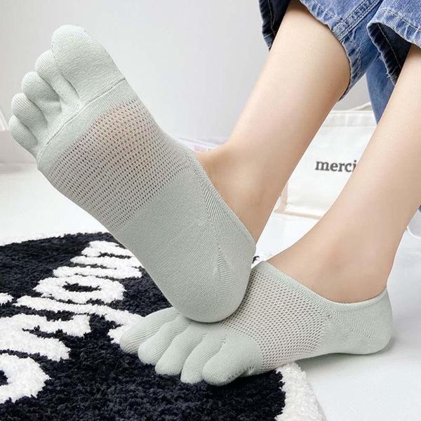 Mulheres meias casuais invisível cor sólida algodão antiderrapante curto cinco dedos malha barco toe feminino meias