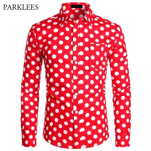 Rot Herren Polka Dot Hemd Casual Button Up Kleid Shirts Männer Chemise Homme Party Club Männlichen Shirts Garden Point Camisas masculina X122830