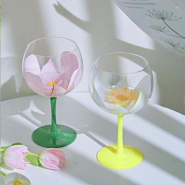 Bicchieri da vino Calice tulipano medievale creativo Calici di cristallo di fiori dipinti a mano Tazze di vetro per bevande colorate per cucina e bar