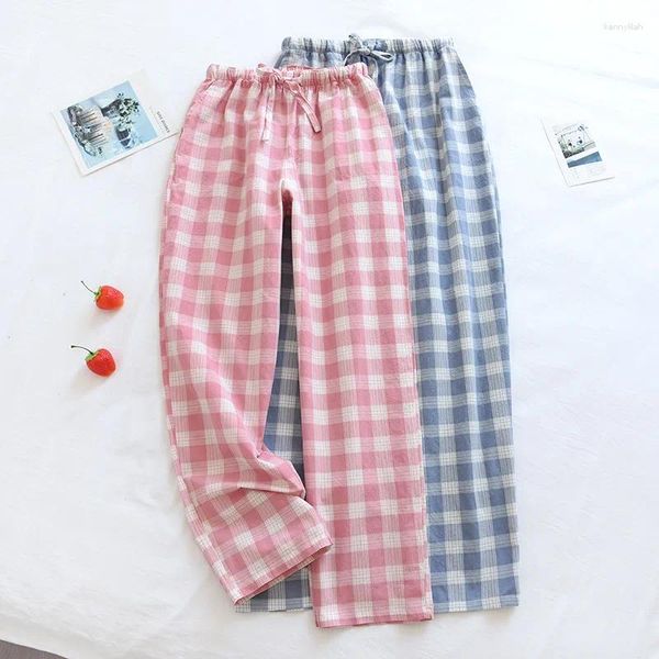 Pijamas femininos e calças soltas finas casual xadrez pijama pijama homewear design casa para algodão homens verão oversized mulheres