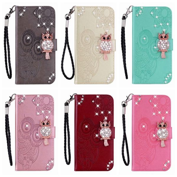 Capas carteira de couro de coruja 3D para iPhone 15 14 Pro Max 13 12 11 X XR XS 8 Samsung S23 FE A05 A05S A15 A25 Bling Diamond Flower Lace Cute Slot Flip Cover Night Bird Holder Bolsa