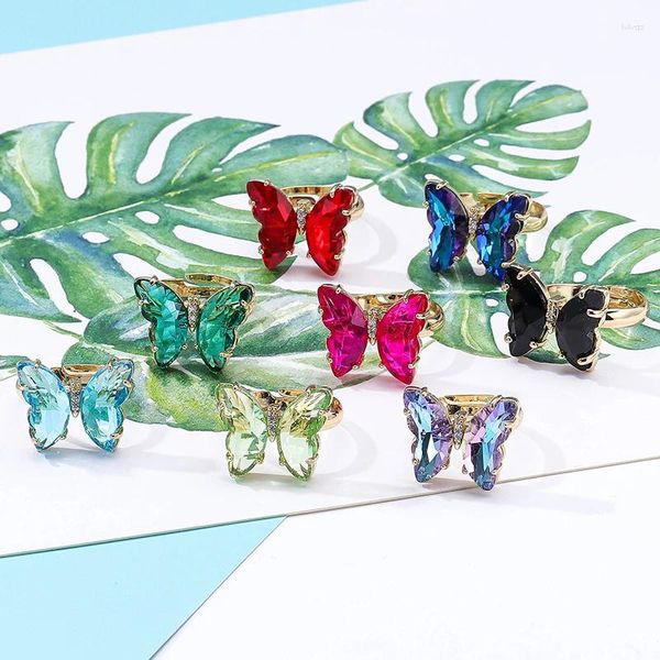 Cluster Ringe 2 stücke Legierung Acryl Schmetterling Ring Lila Kristall Glas Mode Süße Romantische Frauen Schmuck Hochzeit Geschenk für Mädchen