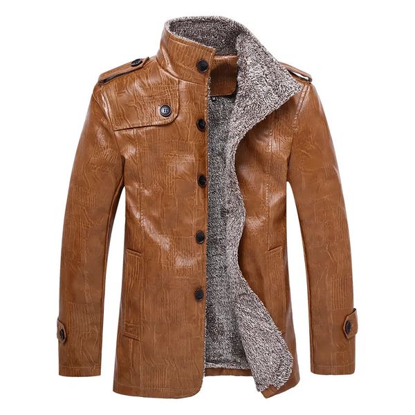 Мужское кожаное пальто из искусственной кожи на осень/зиму, мужское пальто-стойка с воротником-стойкой из шерсти и бархата, толстая термокуртка, кожаная рубашка, водонепроницаемая, большого размера 231010