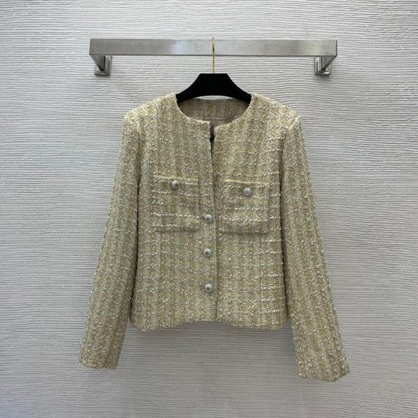 Giacche da donna Stile celebrità scintillante filo d'oro tessitura di tweed spesso girocollo manica lunga cappotto corto