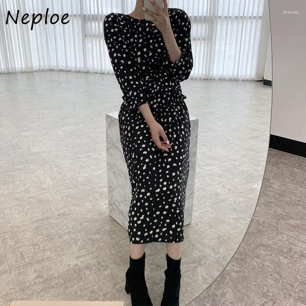 Casual Kleider Neploe 2023 Frühherbst Französisch Vintage Stil Vestidos Femme Rundhals Vollbild Floral Lace Up Taille Slim Langarm