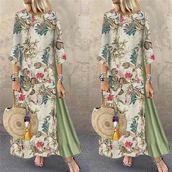 Vestidos casuais mulheres maxi vestido de praia 2021 verão meia manga boho kaftan túnica cigana estilo étnico floral impressão plus size S-5XL243L