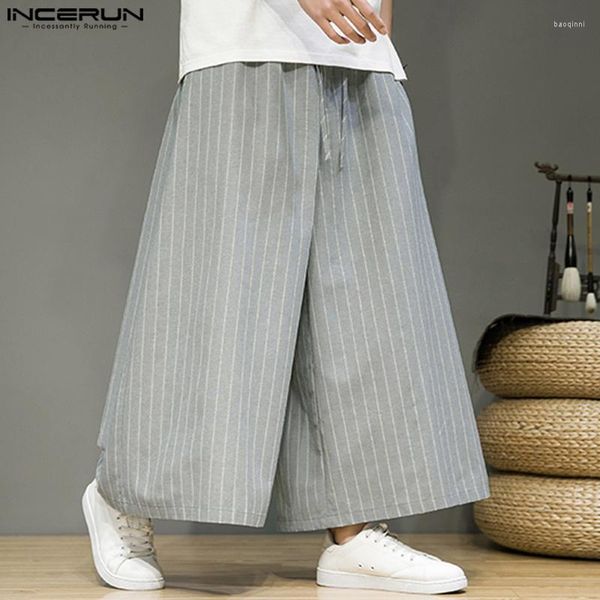 Männer Hosen INCERUN Chinesischen Stil Männer Baumwolle Leinen Stoff Gerade Breite Bein Hosen Mode Casual Streetwear Gestreiften Pantalons S-5XL