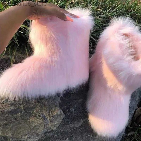 Stiefel Damen Winter Flauschige Kunstfuchspelzstiefel Frau Plüsch Warme Schneestiefel Luxusschuhe Mädchen Furry Fur Bottes Mode Winterschuh Q231012