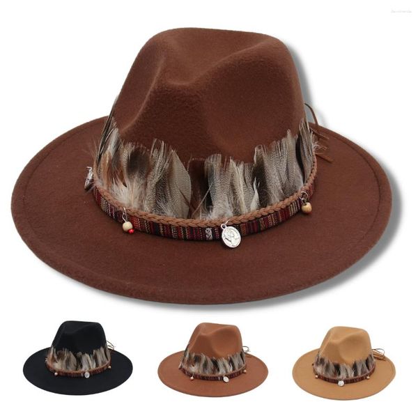 Береты, шляпы с декором из перьев для женщин, классическая унисекс, шляпа-трилби, плетение в этническом стиле, фетровая повседневная зима-осень, Fedora для мужчин