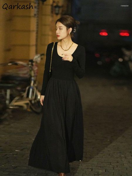 Sıradan elbiseler uzun kollu siyah elbise kadınlar vintage basit pileli ayak bileği uzunlukta fransız tarz