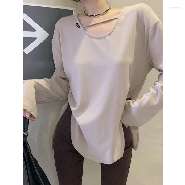 Mulheres Camisetas 2023 Outono Moda Coreia do Sul Design Casual Sinta Solto Cor Sólida T-shirt Menina Slim Manga Longa Versátil Split Tee Top