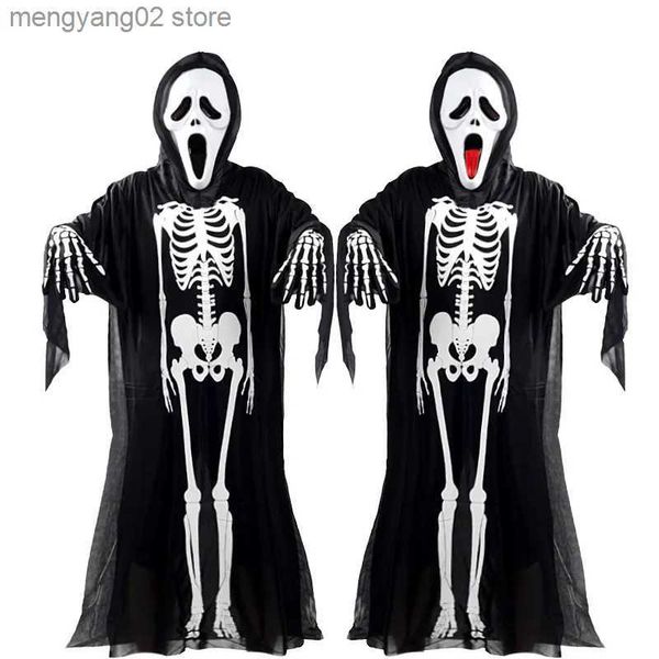 Thema Kostüm Halloween Geist Skelett Schädel Cosplay kommt Kinder Erwachsene Bühne Performance Cape Halloween Maske Handschuh Horror Spooky Festival T231011