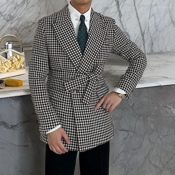 Мужские костюмы, двубортный мужской пиджак с узором «гусиные лапки», 1 шт., приталенный пиджак с острыми лацканами, мужской модный клетчатый пиджак на заказ, 2023