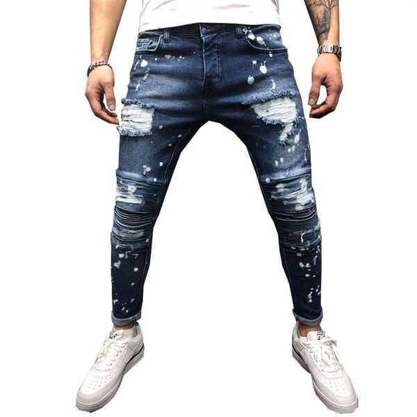 Männer Stretch Destroyed Ripped Paint Point Biker Jeans Neue Mode Zipper Skinny Jeans333m