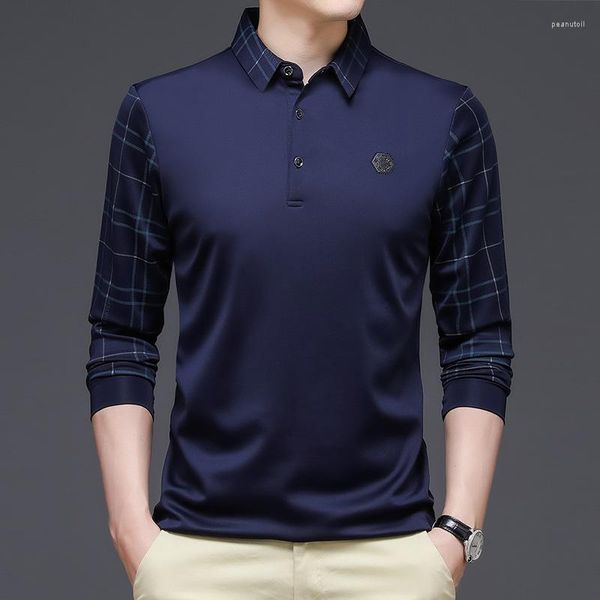 Herren Polos Smart Casual Männer Vintage Glatte Polo Shirts Frühling Herbst Plaid Langarm Streetwear Fashion Business Männliche Kleidung Tops