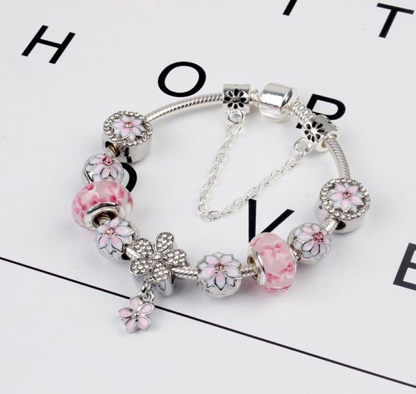 925 sterling silver rosa perle di vetro di murano fascino fiore di ciliegio braccialetto catena adatta p braccialetto europeo creazione di gioielli braccialetto fai da te margherita pendente donne6034362