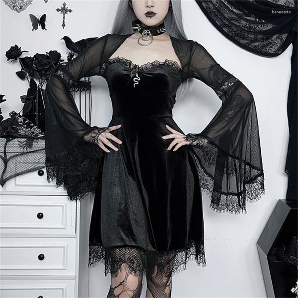 Casual Kleider Punk Gothic Harajuku Midi Kleid Für Frauen Schwarz Langarm Goth Sexy Spitze Samt Trendy Streetwear Dropship