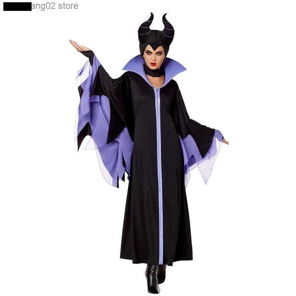 Tema Kostüm Cadı Maleficent Uyuyan Güzel Cosplay Gelin Yetişkin Kadınlar Hallowen geliyor kötü siyah elbise boynuz şapka kıyafeti şapka kask kaput t231011