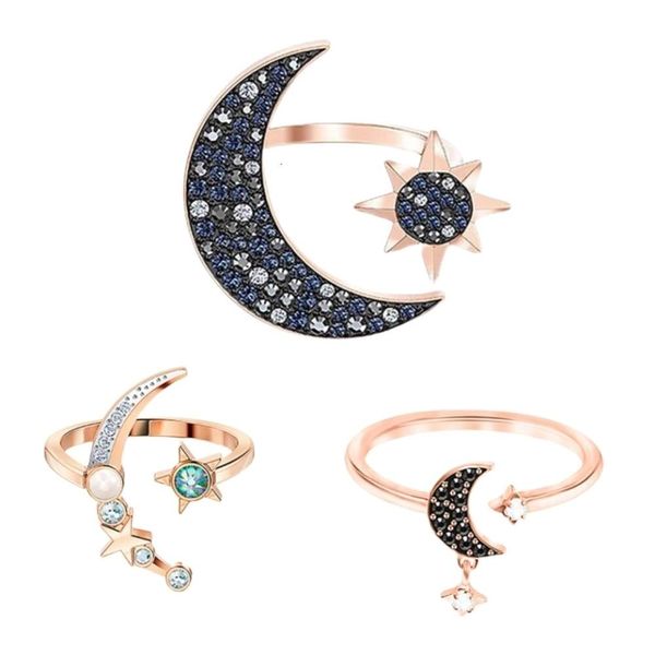Кольцо Swarovskis, дизайнерские драгоценности, оригинальное качество, открытое кольцо со звездой Луны для женщин с использованием кристалла, звезды, луны, красочное кольцо с луной