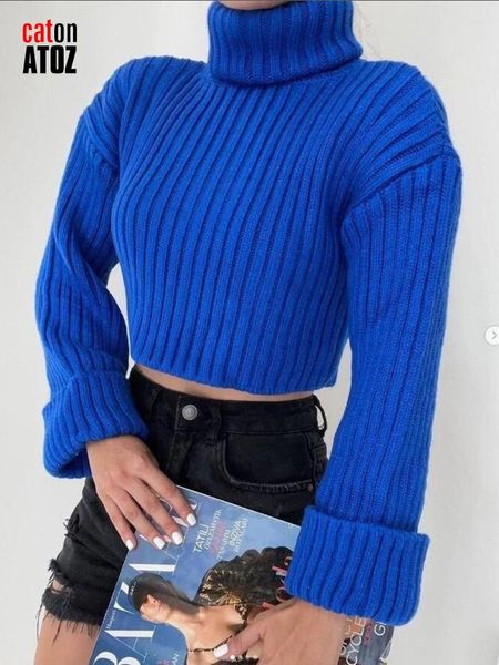 Suéter feminino outono manga sino gola alta solta suéter curto pulôver vintage jumper feminino inverno quente malha macia 2980