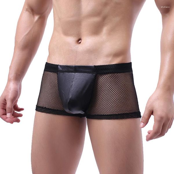 Unterhosen Sexy Mesh Boxer Shorts Männer Höschen Dessous Transparent Kunstleder Bugle Pouch Patchwork Unterwäsche Calzoncillo Hombre Trunks