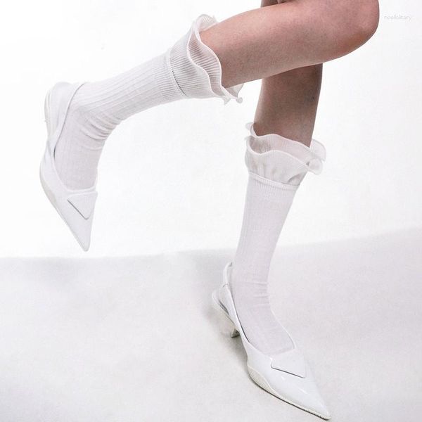 Женские носки субкультурного дизайна, двухслойные, плиссированные, с рюшами, кружевные, средней длины, с нагромождением, модный хлопок с воланами в виде листьев лотоса