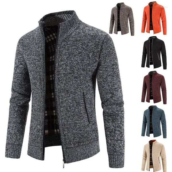 Jaquetas masculinas 2023 homens plush e espessado colarinho jaqueta meia alta pescoço de malha cardigan suéter outono / inverno cor sólida casaco grosso