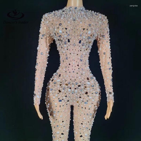 Stage Wear Modello europeo e americano femminile DJ Perla Full Diamond Body Mesh Stretch Tuta Abito da festa da discoteca