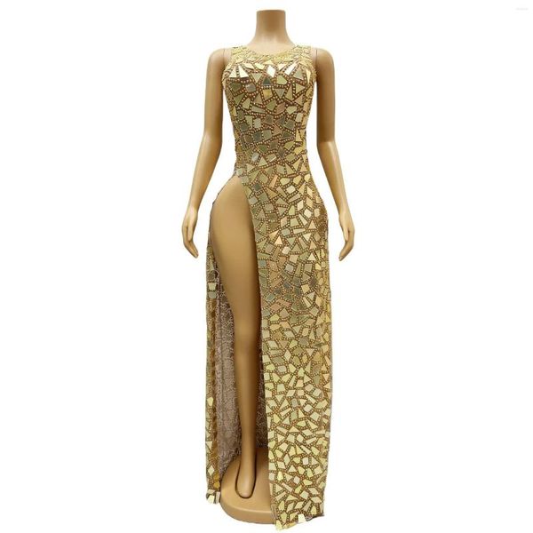 Palco desgaste prata ouro espelhos strass malha vestido longo aniversário celebrar sexy sem mangas roupas noite mostrar vestidos de casamento