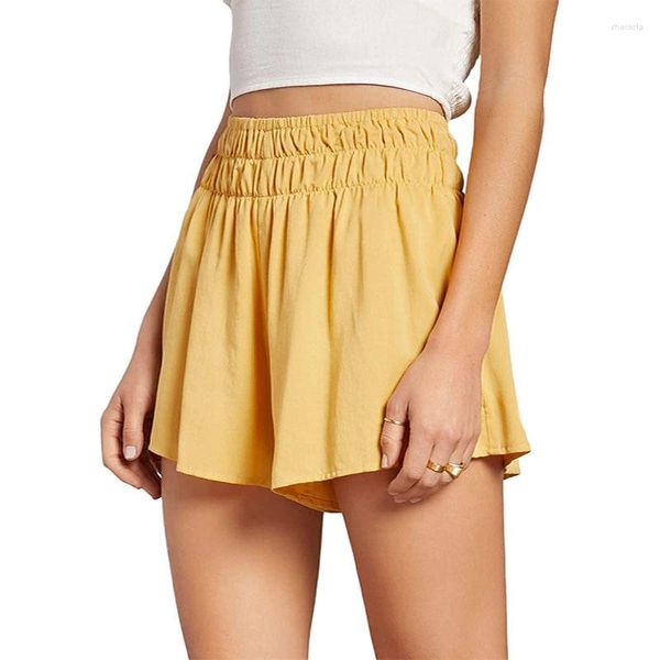 Shorts femininos amarelo plissado verão mulheres inglaterra estilo cores sólidas casuais com cintura elástica moda streetwear esporte fitness