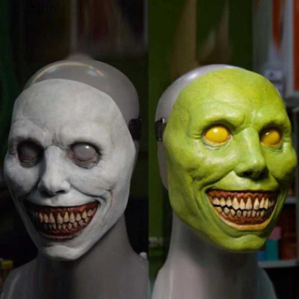 Acessórios de fantasia Máscara de Halloween COS Sorriso Exorcista Olhos Brancos Engraçado Látex Meia Face Capa Halloween Terror MaskL231011