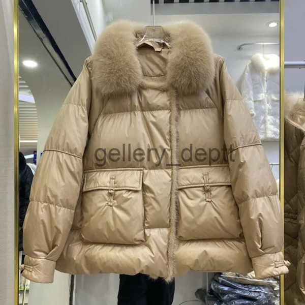 Mulheres para baixo parkas lagabogy 2023 novo inverno mulheres real pele de raposa 90% pato branco para baixo jaqueta curto puffer casaco feminino vintage vison pele retalhos parka j2301011