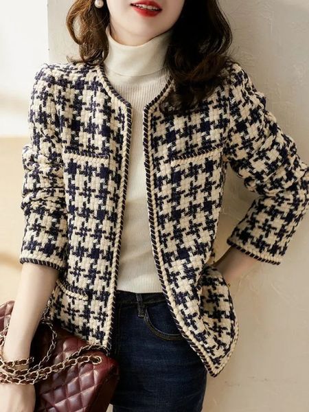 Jaquetas femininas pista queda elegante tecer xadrez mulheres blazer causal tweed casaco escritório senhoras terno jaqueta outwear 231010