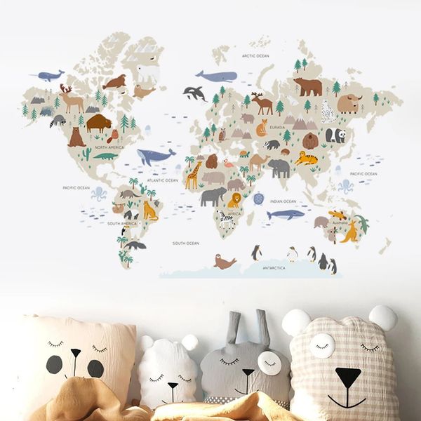 Adesivos de Parede Grande Mapa do Mundo Dos Desenhos Animados Animais Vida Selvagem Aquarela Crianças Vinil Berçário Decalques de Arte para Babys Meninas Quarto Home Decor 231010