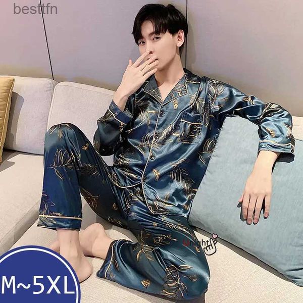 Pijamas masculinos 5xl pijama de seda para homem 2 peças pijamas para homens calças terno conjunto de pijamas de tamanho grande luxo tamanho grande autum lounge wear pijamasL231011