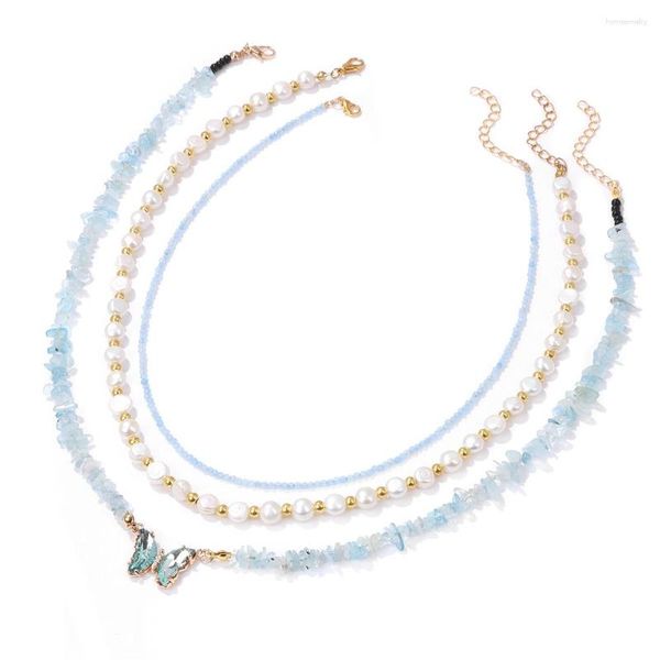 Collane con ciondolo 3 pz/set Collana a farfalla Acquamarine naturali per le donne Girocollo con perline di perle Gioielli squisiti di cristallo