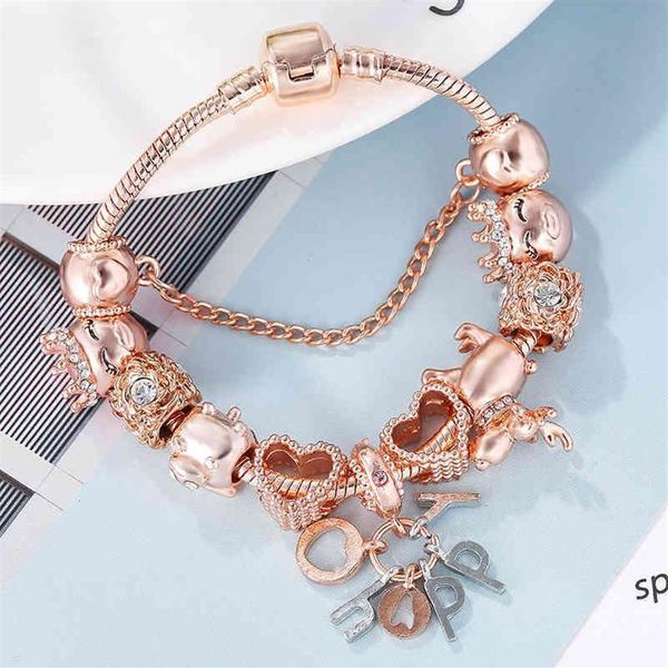 Seialoy pulseira de ouro rosa pulseiras para mulheres princesa elk grânulo feliz charme pulseiras jóias caber menina casal amizade jóias gi326w