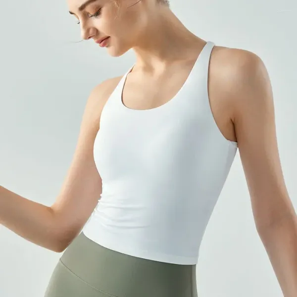 Active Shirts Antibom Yoga-Weste für Damen, langer Stil, Brustkissen, U-Ausschnitt, enger Rücken, ärmellos, Fitness-Sport-Top