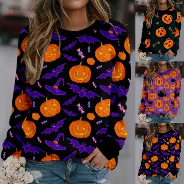 Felpe con cappuccio da donna Ladies Halloween Pumpkin Print Accogliente girocollo Felpa a maniche lunghe Maglietta da donna Top in cotone 4x Camicie eleganti per le donne