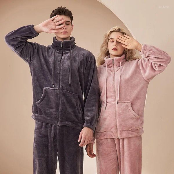 Casa roupas marca inverno falley veludo quente pijamas conjunto para mulheres dos homens cor sólida zíper gola alta pijamas feminino coral velo roupas