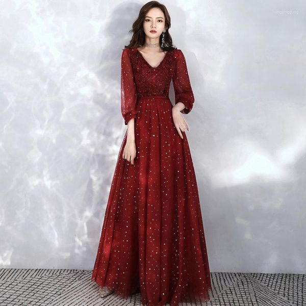 Abbigliamento etnico con scollo a V cheongsam estate donna sexy pizzo abito da sera da sera slim stretto bordeaux maxi abito elegante Qipao abiti