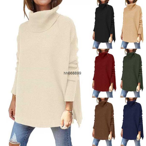 2023 outono inverno nova camisola feminina gola alta oversized médio longo batwing manga divisão inferior cintura pulôver