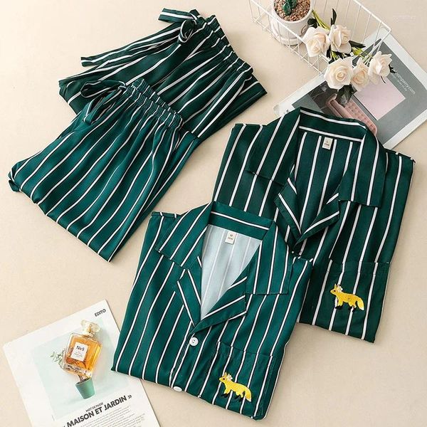 Startseite Kleidung Liebhaber Nachtwäsche Satin Gestreiftes Loungewear-Pyjama-Set Lässiges 2-teiliges Hemdhosen-Frühlings-Herbst-Pyjama Intime Dessous