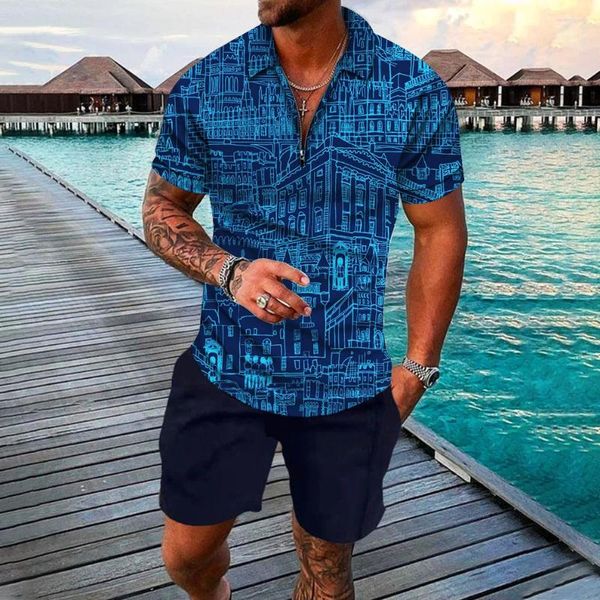 Fatos masculinos verão digital impresso juventude arquitetura série zíper lazer camisa polo