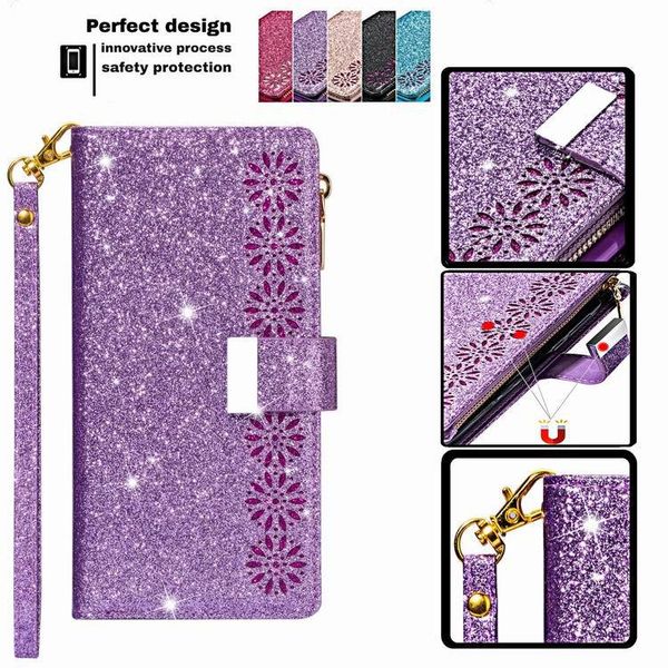 Fashion PU Leather Phone Cases For IPhone 15 Luxury Laser Engraved Multi-Card Chain Apple 14 13 12 9 Cards Holder Wallet Card Pocket Mobile Phone Shell With Wrist Band