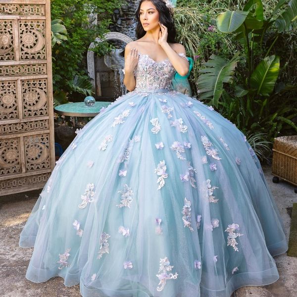 Aqua Blue Ballkleid Quinceanera Kleider Vestidos De 15 Jahre Party Applique 3DFlower Cinderella 16 Geburtstag Prinzessin Kleider